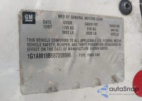 2008 Chevrolet Cobalt Sport z USA, uszkodzony, nr VIN 1G1AM18B687208996